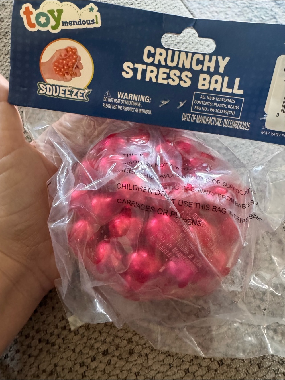 Toymendous crunchy stress ball sensory squishy toy, red